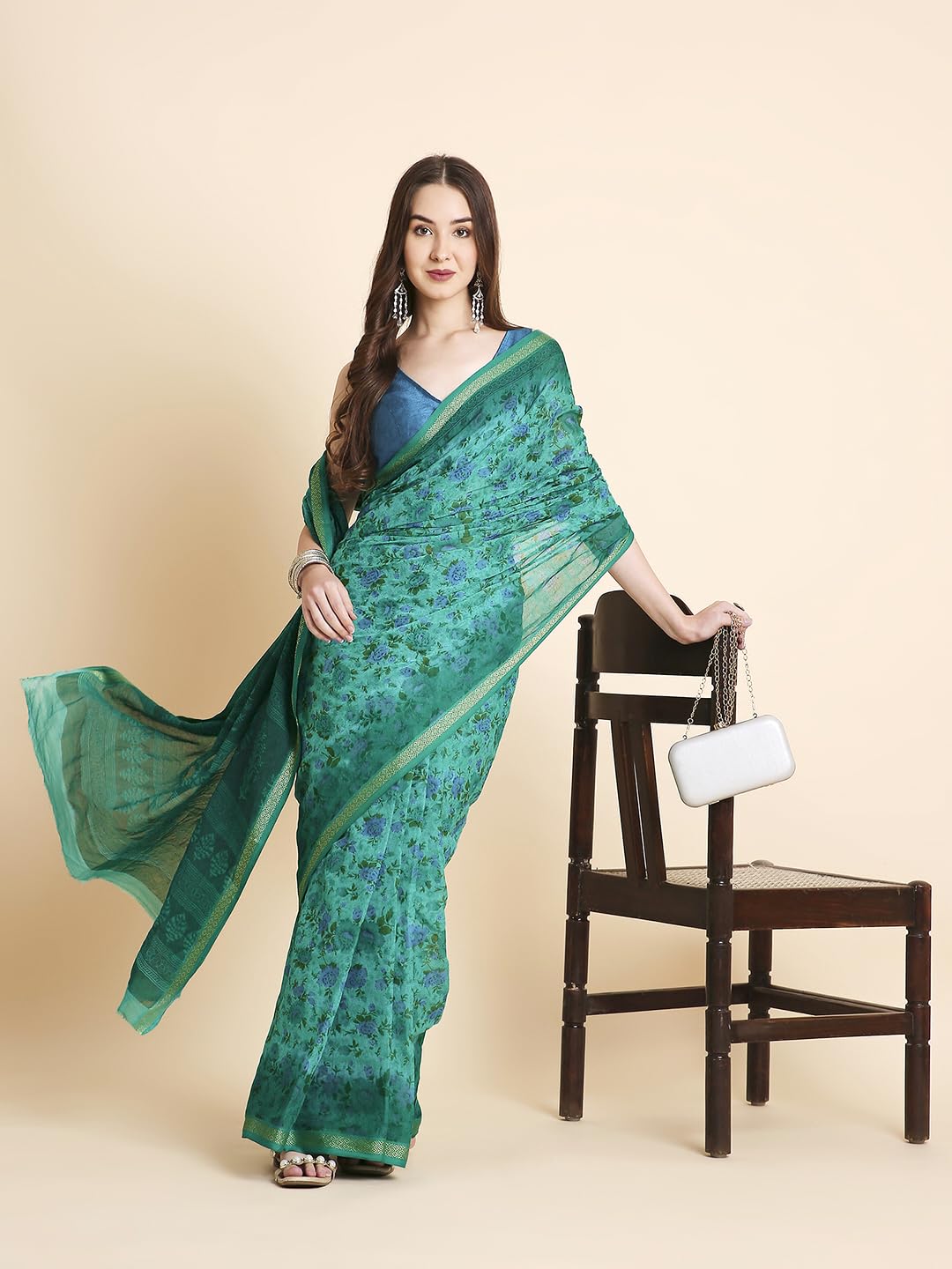 Vasthrlay Cotton Blue Saree with decorative printed design