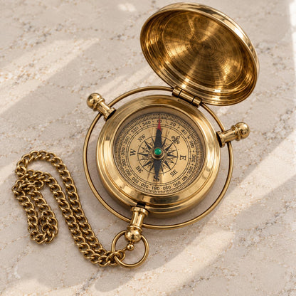 VELORVA Brass Pocket Compass with Engraved Lid and Chain 6.6 cm