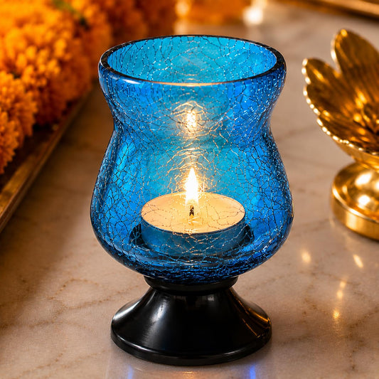 Pure Source India Sky Blue Crackle Glass Tealight Candle Holder with Metal Stand