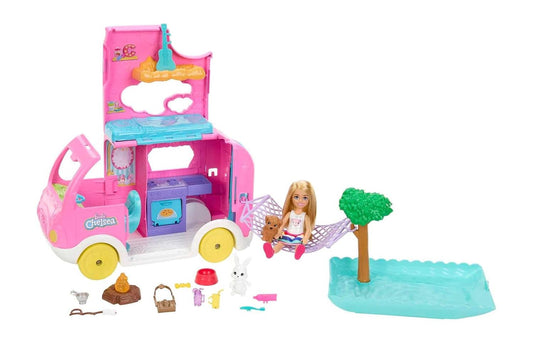 Barbie Chelsea 2 in 1 Camper Playset with Small Doll 2 Pets and 15 Accessories