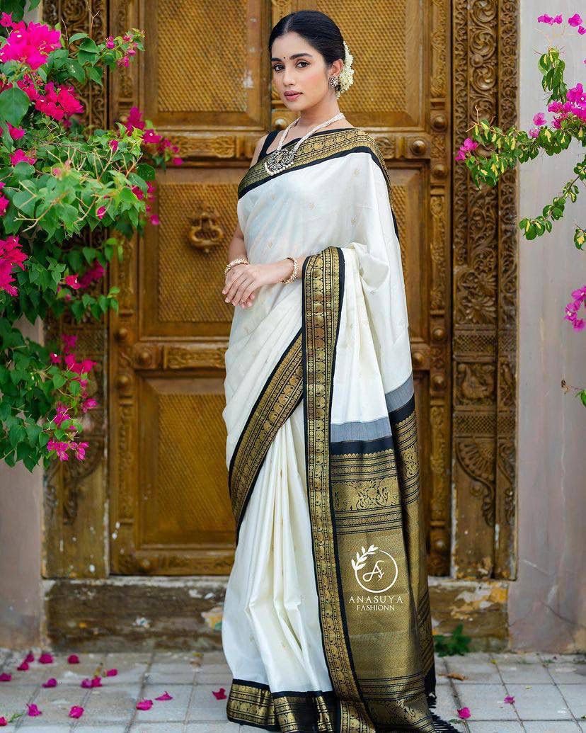 Vasthrlay Kanjivaram White Saree with decorative traditional design