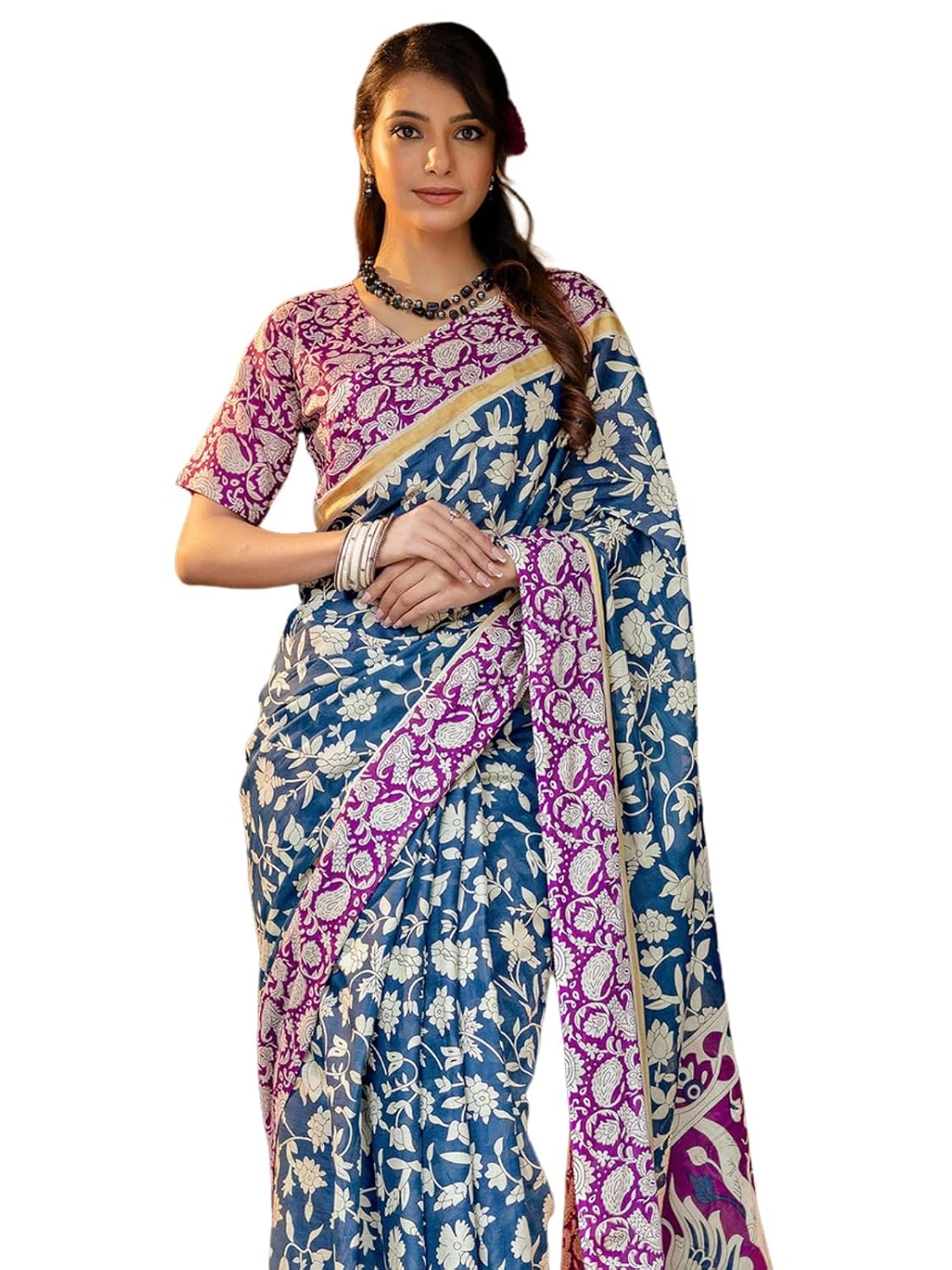 Vasthrlay Womens Printed Light Blue Saree With Unstitched Blouse Piece