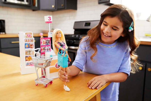 Barbie Blonde Doll and Grocery Store Playset with Rolling Cart and Working Belt