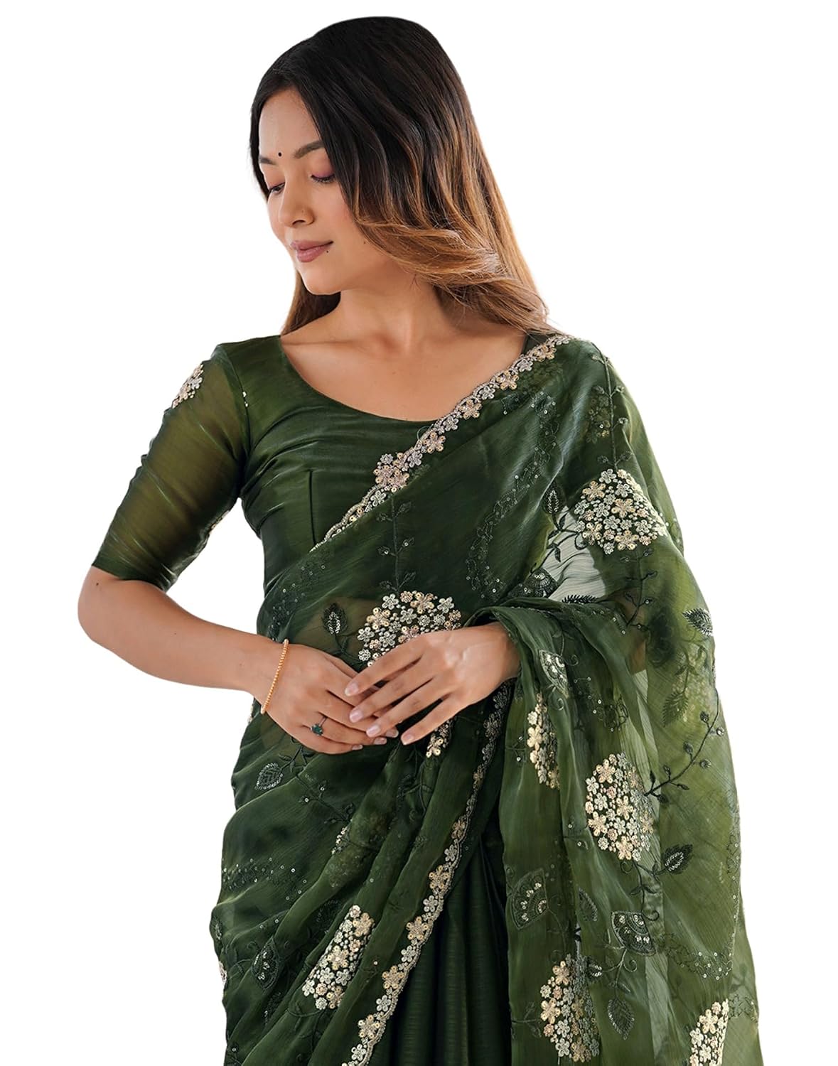 Vasthrlay Sequence Embroidery Dark Olive Green Saree With Unstitched Blouse Piece