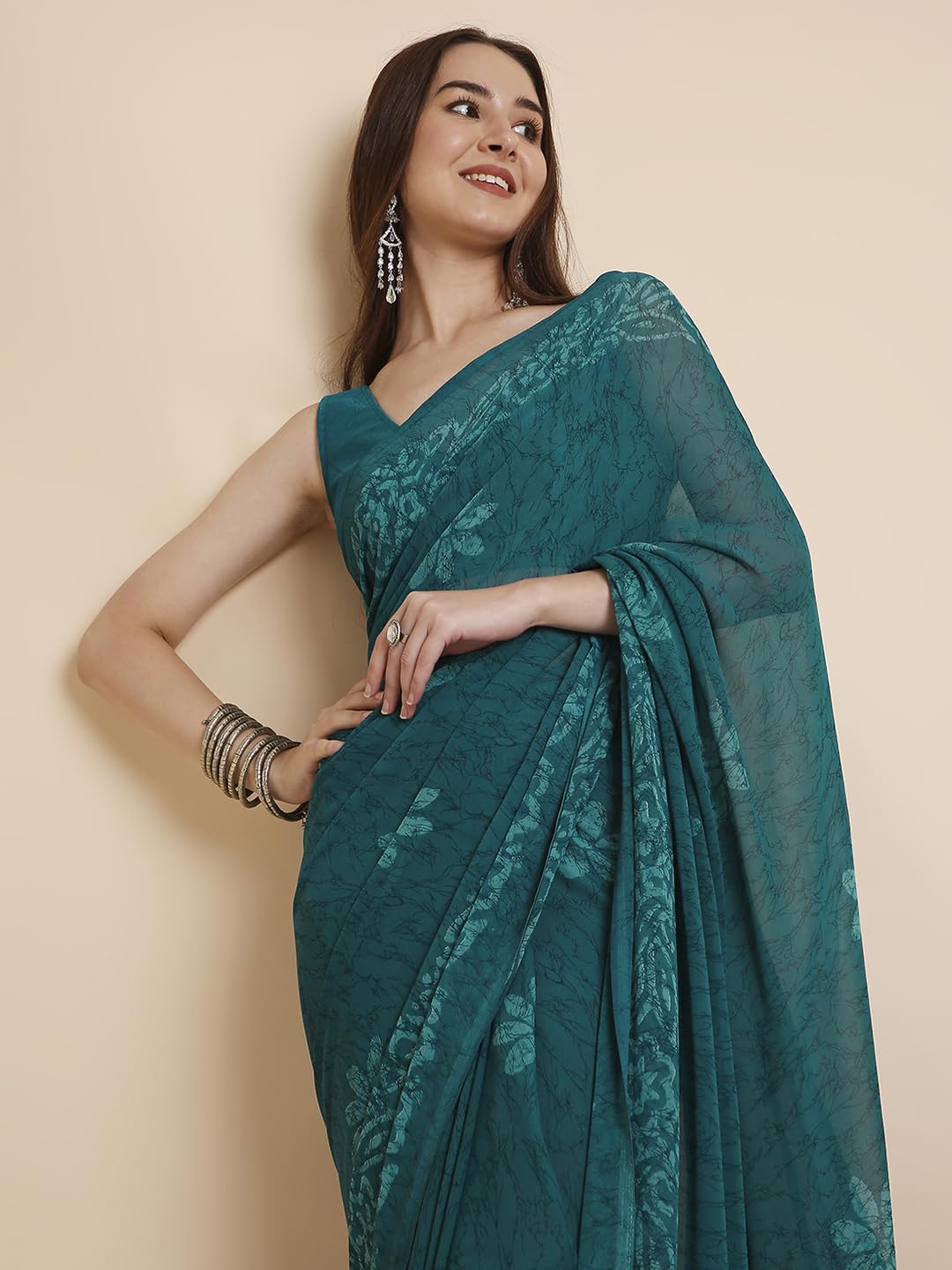 Vasthrlay Printed Saree in Turquoise with refined georgette ethnic appeal