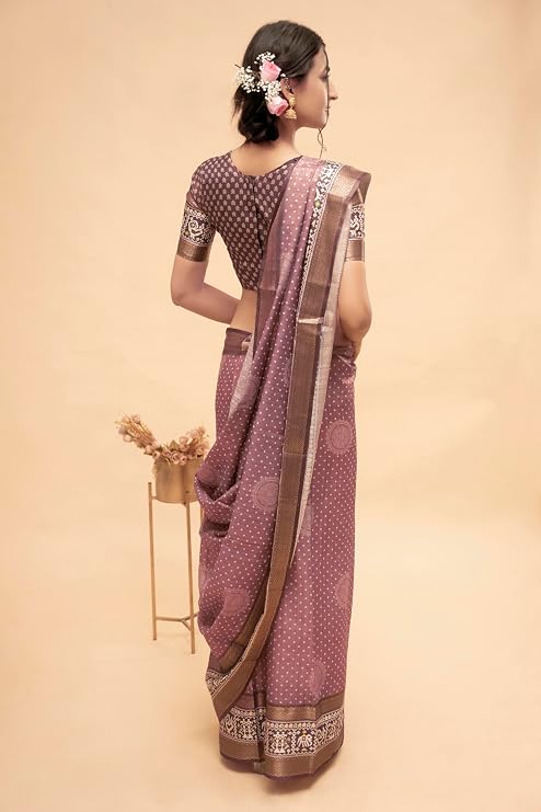 Vasthrlay Womens Abstract Print Polyester Saree With Zari Border & Unstitched Blouse Piece