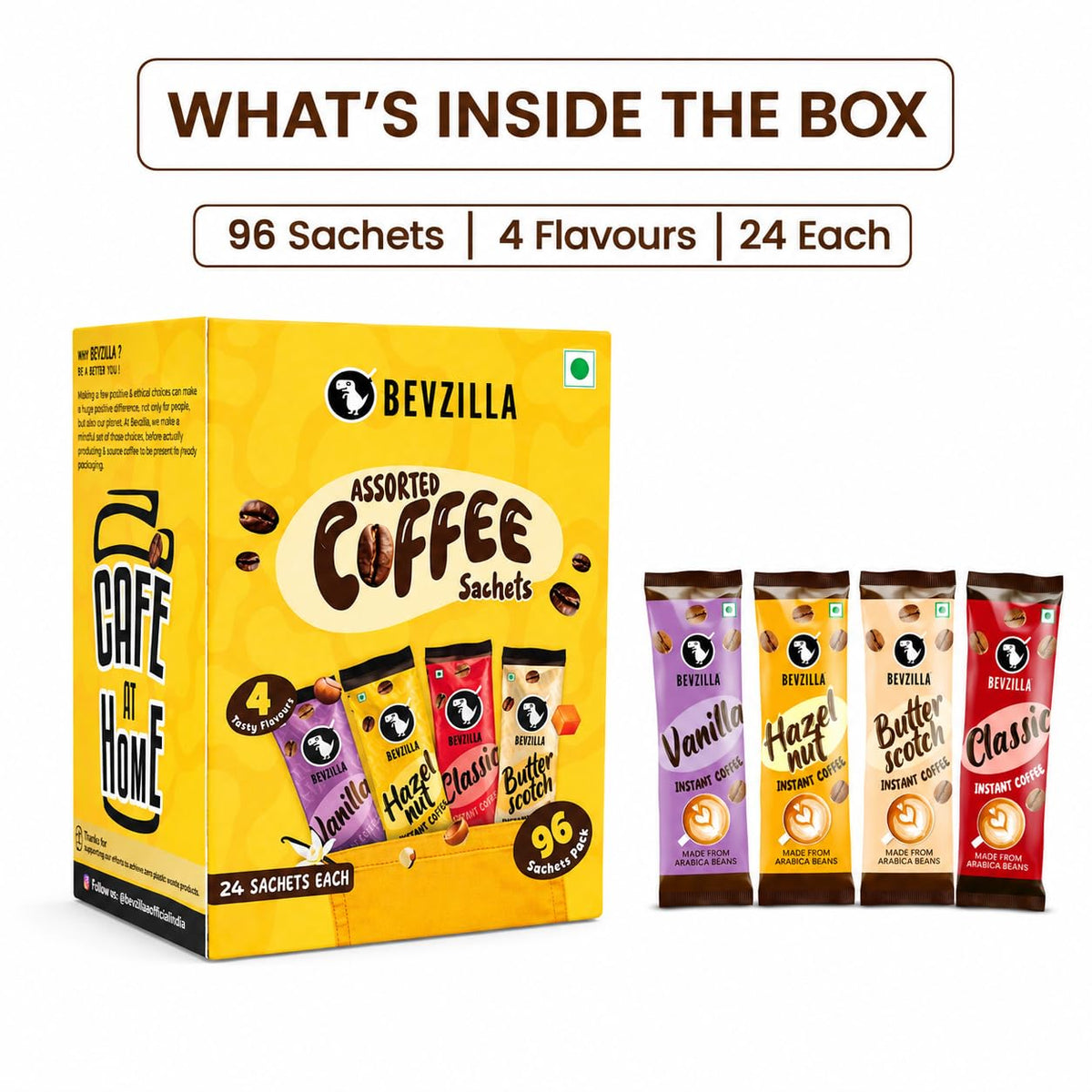 Bevzilla Instant Coffee Sachets 4 Flavours 192g (96 Sachets)