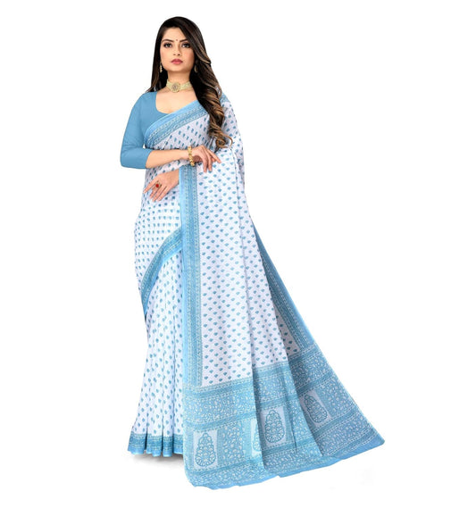 Vasthrlay Cream Cotton Printed Saree for festive ethnic occasions