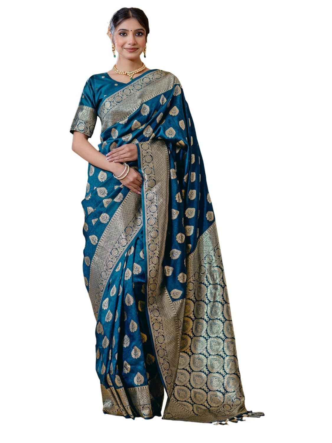Vasthrlay Womens Weaving Peacock Blue Saree With Unstitched Blouse Piece