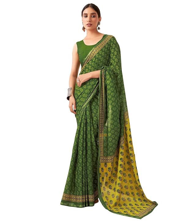 SIRIL Women's Pure Cotton Printed Zari Stripe Border Saree 