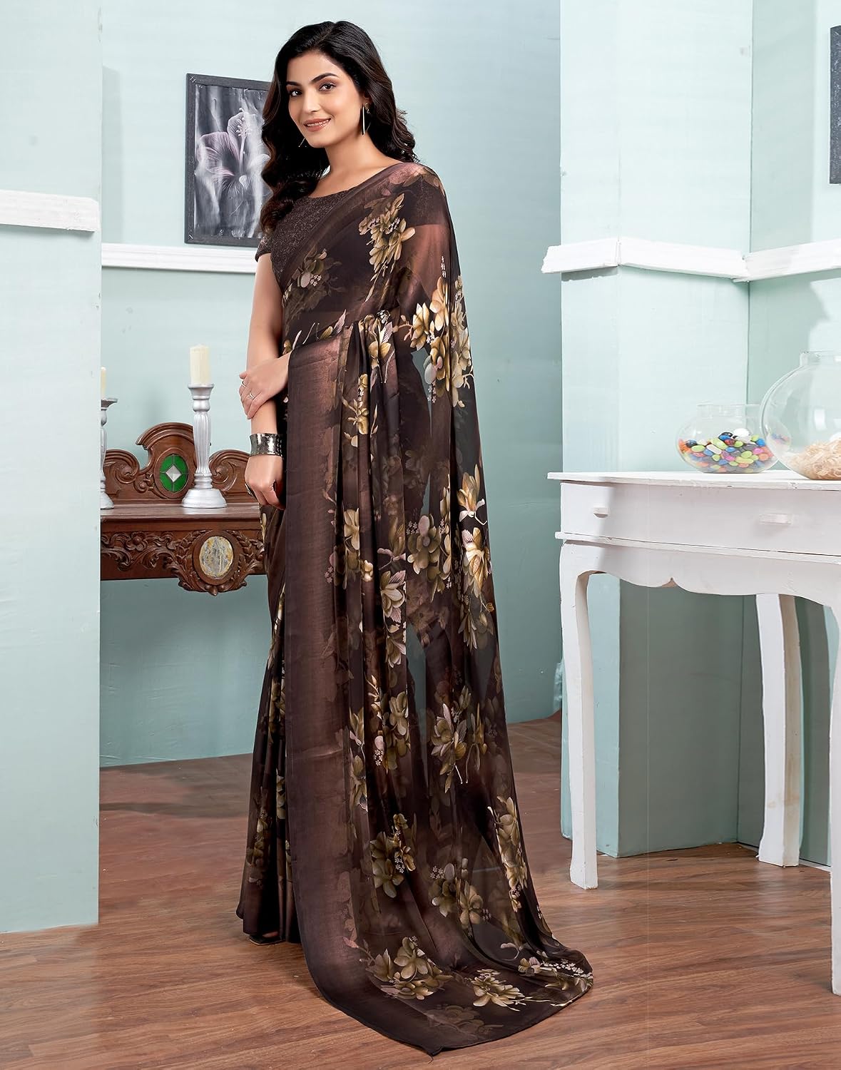 Vasthrlay Black saree with Sequence styling and Georgette look