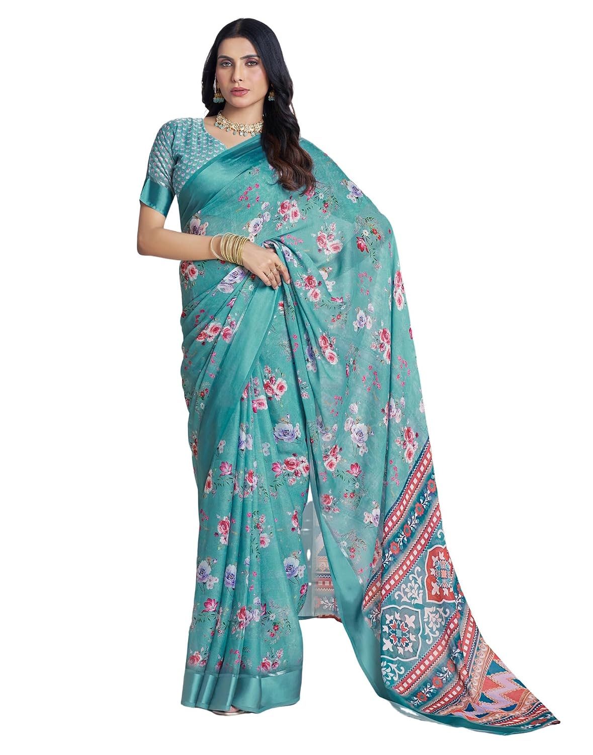 Vasthrlay Georgette Printed Dusty Turquoise Saree With Unstitched Blouse Piece