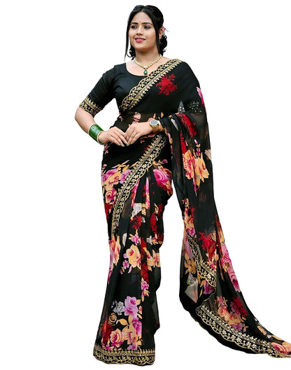 Vasthrlay Georgette Printed Blue Saree With Red Unstitched Blouse Piece