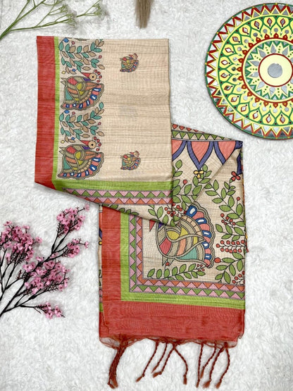 Vasthrlay Classic Madhubani Saree with elegant Tussar styling