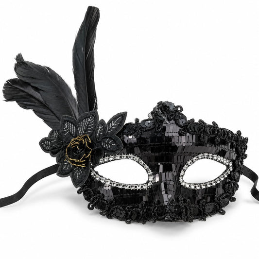 Wanna Party Black Sequin Masquerade Mask with Feather for Women and Men