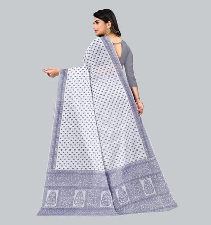 Vasthrlay Cotton White Saree with decorative traditional design