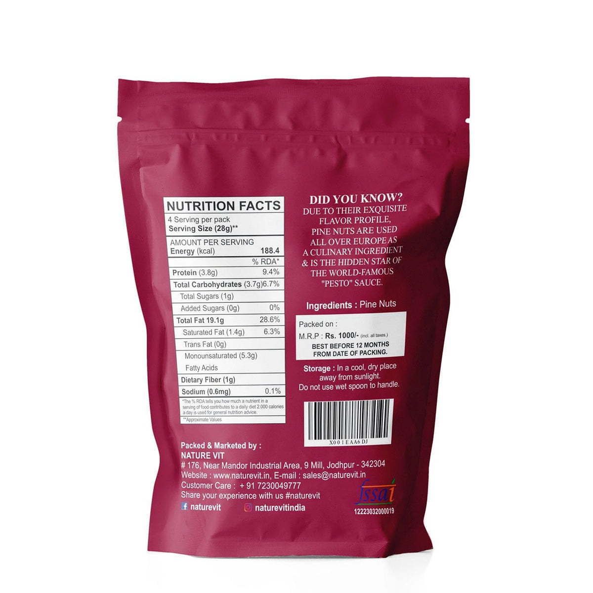 NatureVit Pine Nuts Kernels Premium Chilgoza Giri, Shell-Free & Jumbo Size