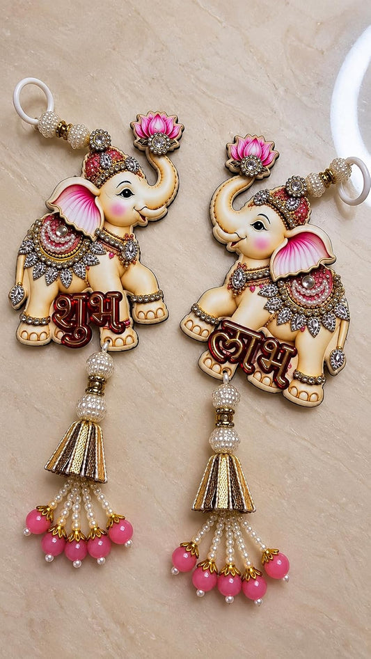 CBM Craftara Elephant Shubh Labh Wall Door Hanging Pair with Bead Tassel