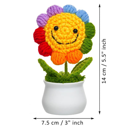 Jeevan Handicraft Crochet Smiley Rainbow Flower with Pot 14 cm