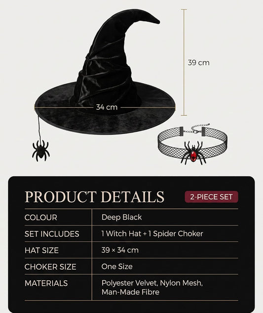 VayuSrot Velvet Witch Hat with Spider Choker 2 Piece Halloween Costume Set