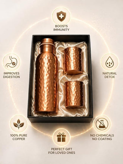 AKTU Hammered Copper Bottle Gift Set (900ml) with 2 Glasses (275ml)
