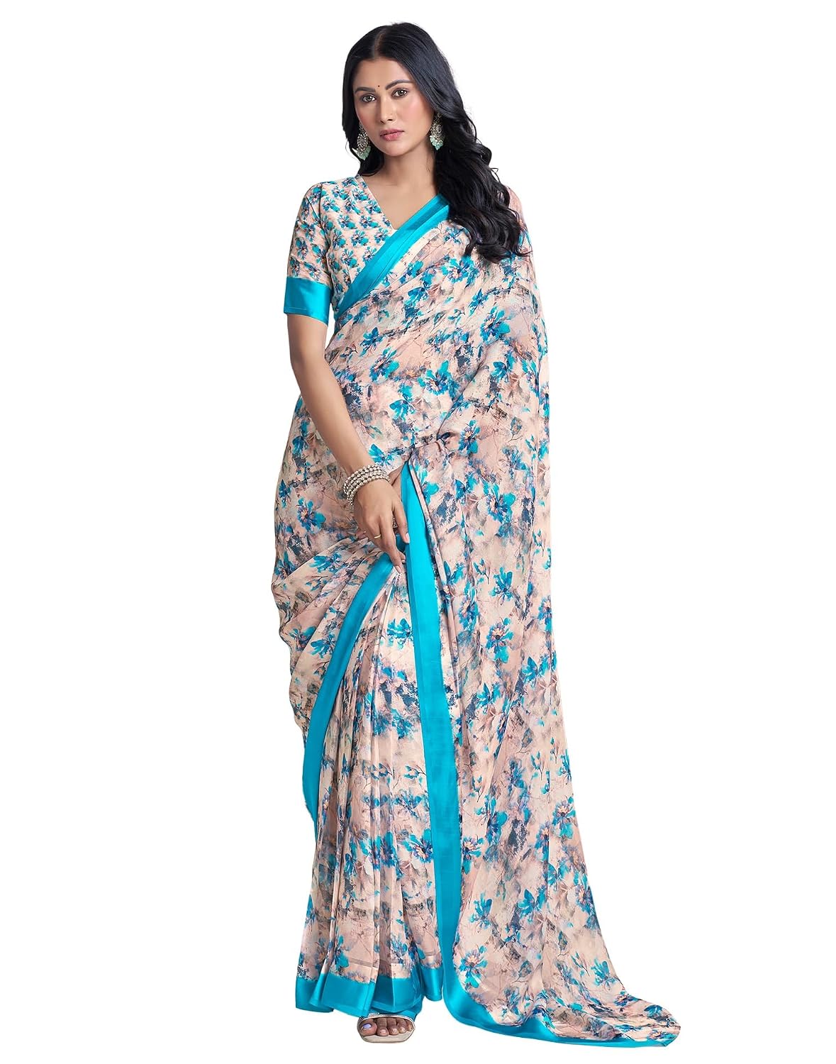 Vasthrlay Georgette Printed Teal Blue Saree With Unstitched Blouse Piece