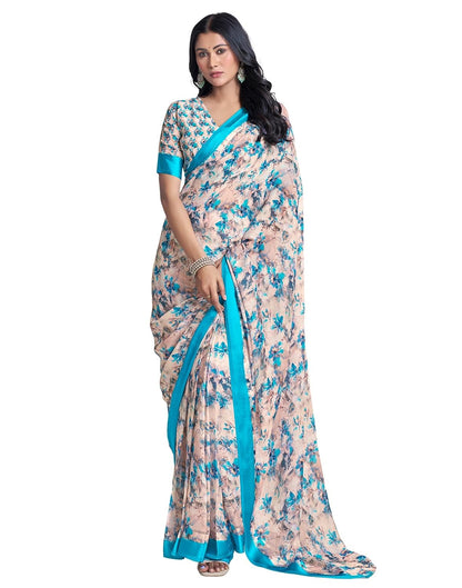 Vasthrlay Georgette Printed Teal Blue Saree With Unstitched Blouse Piece