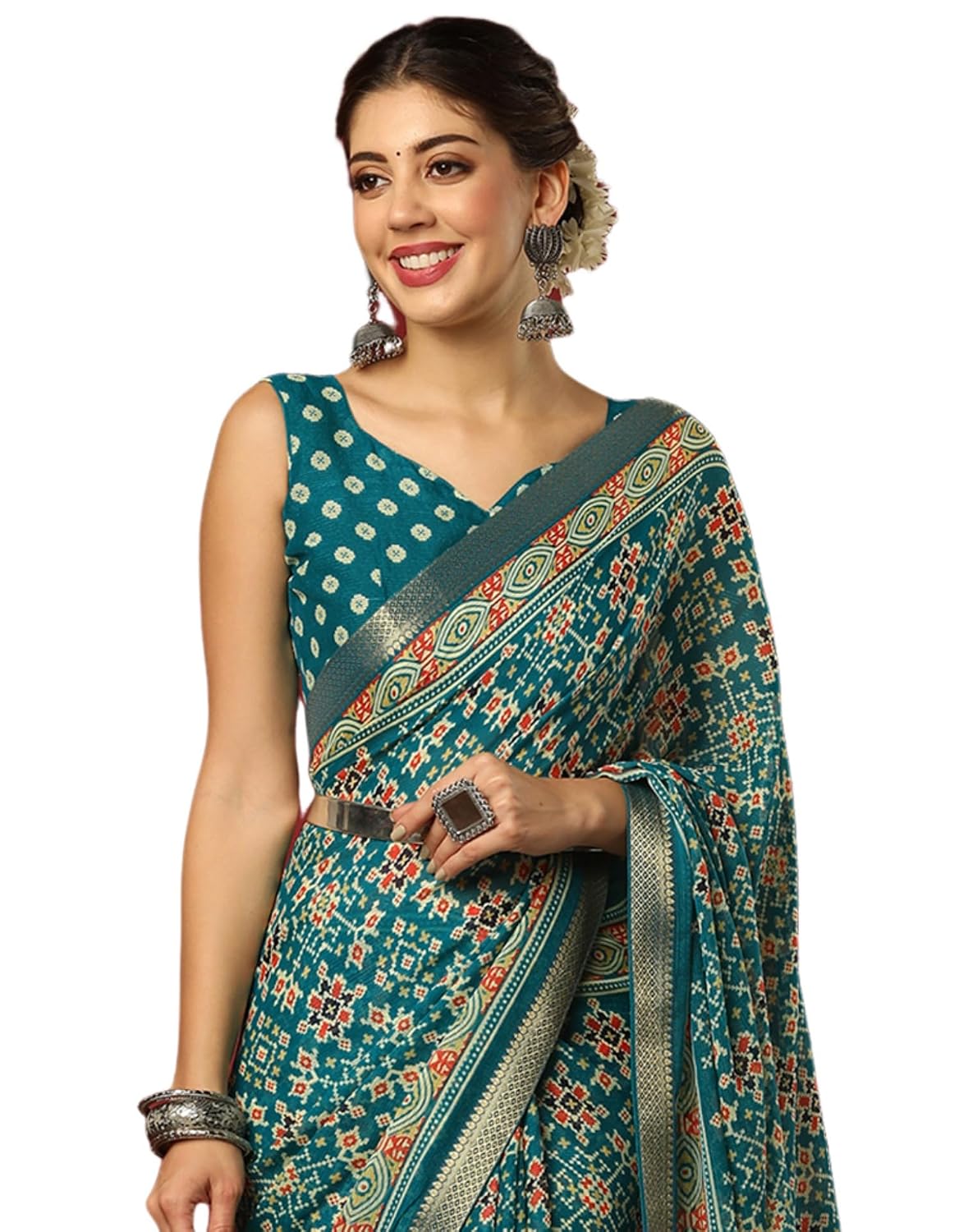 Vasthrlay Georgette Bandhani Teal Green Saree With Unstitched Blouse Piece