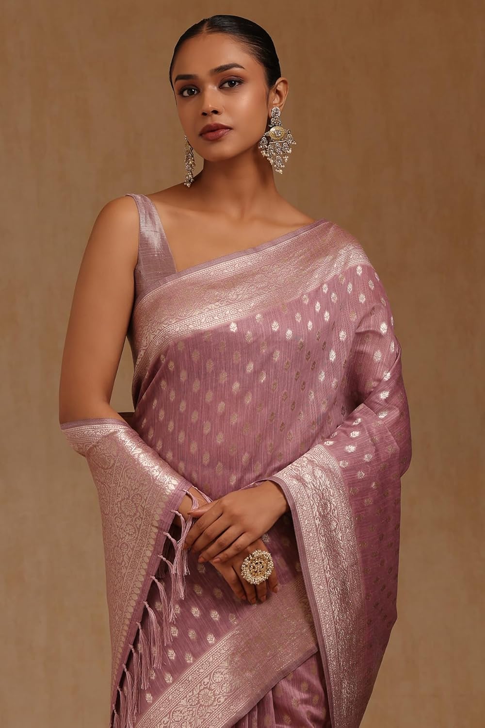Vasthrlay Beige Floral Saree with elegant Tussar styling