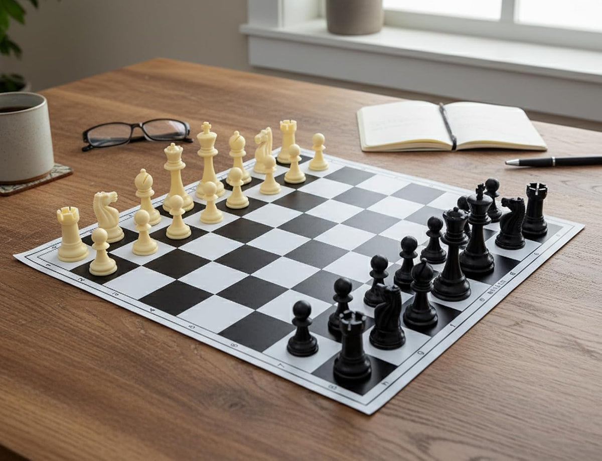 StonKraft Tournament Chess Vinyl Foldable Board 18.2 Inch with Solid Plastic Pieces and Two Extra Queens