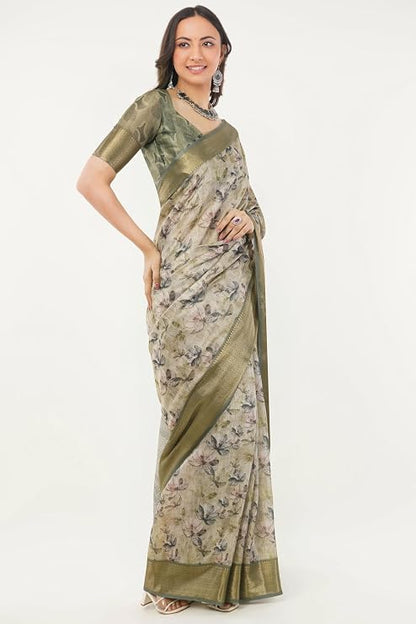 Vasthrlay Womens Sage Green Patchwork Print Polyester Saree With Zari Border & Unstitched Blouse Piece