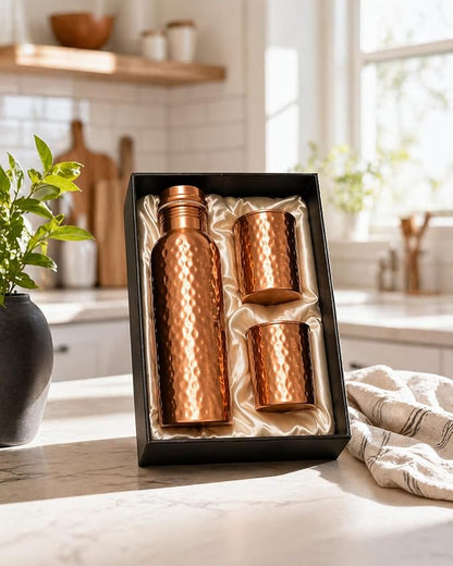 AKTU Hammered Copper Bottle Gift Set (900ml) with 2 Glasses (275ml)