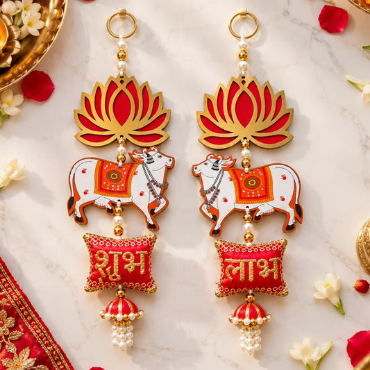 Viditi Shubh Labh Lotus and Cow Door Hanging Pair MDF with Pearl Beads
