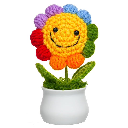 Jeevan Handicraft Crochet Smiley Rainbow Flower with Pot 14 cm