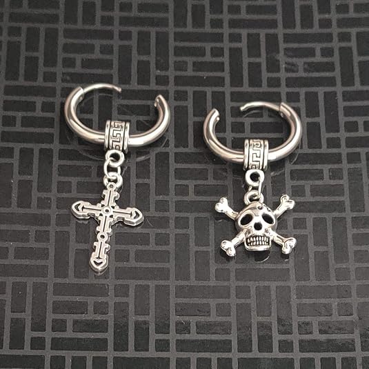 M Men Style Christ Jesus Cross With Gothic Skeleton Head Dangle Hoop Studs