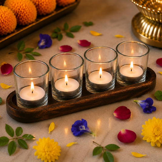 Pure Source India Glass Votive Tealight Candle Holders Set of 4 with Wooden Tray and Tealights Clear