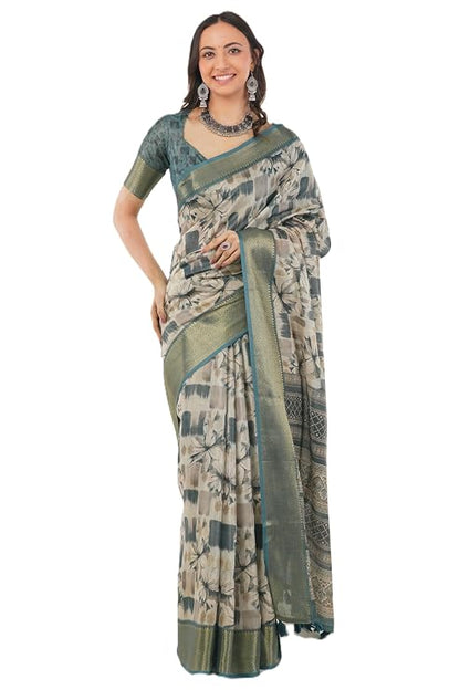 Vasthrlay Off White Teal Patchwork Print Polyester Saree With Zari Border And Unstitched Blouse Piece