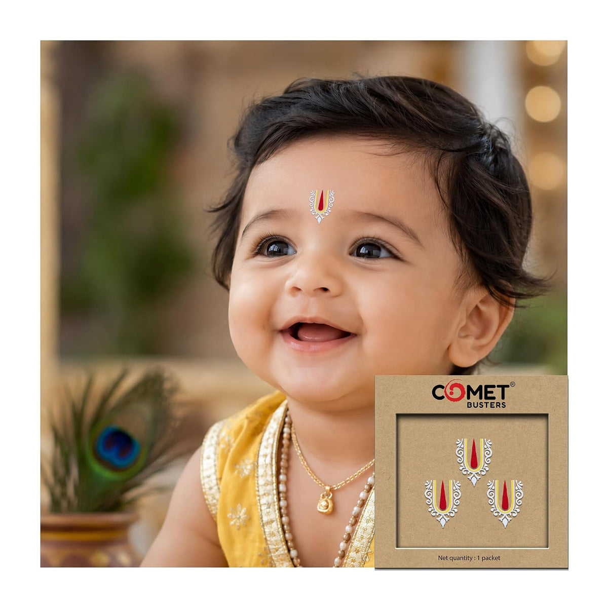Comet Busters Krishna Ji Tilak Bindis 20 mm Gold Red and White 3 Bindis
