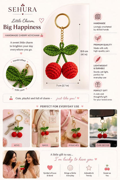 Crochet Cherry Keychain Handmade, Cute Fruit Keyring Bag Charm, Aesthetic - image 3