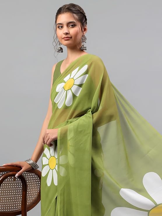 Vasthrlay Green Georgette Floral Printed Saree with solid Unstitched Georgette Blouse Piece