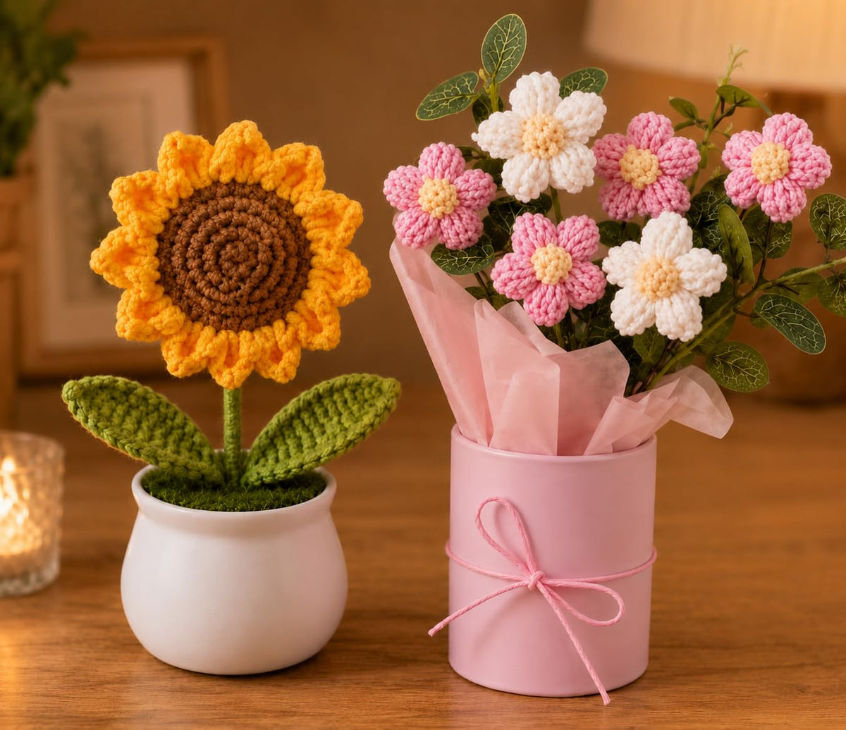 Crochet Sunflower & Pink Flower Bouquet Combo - image 3