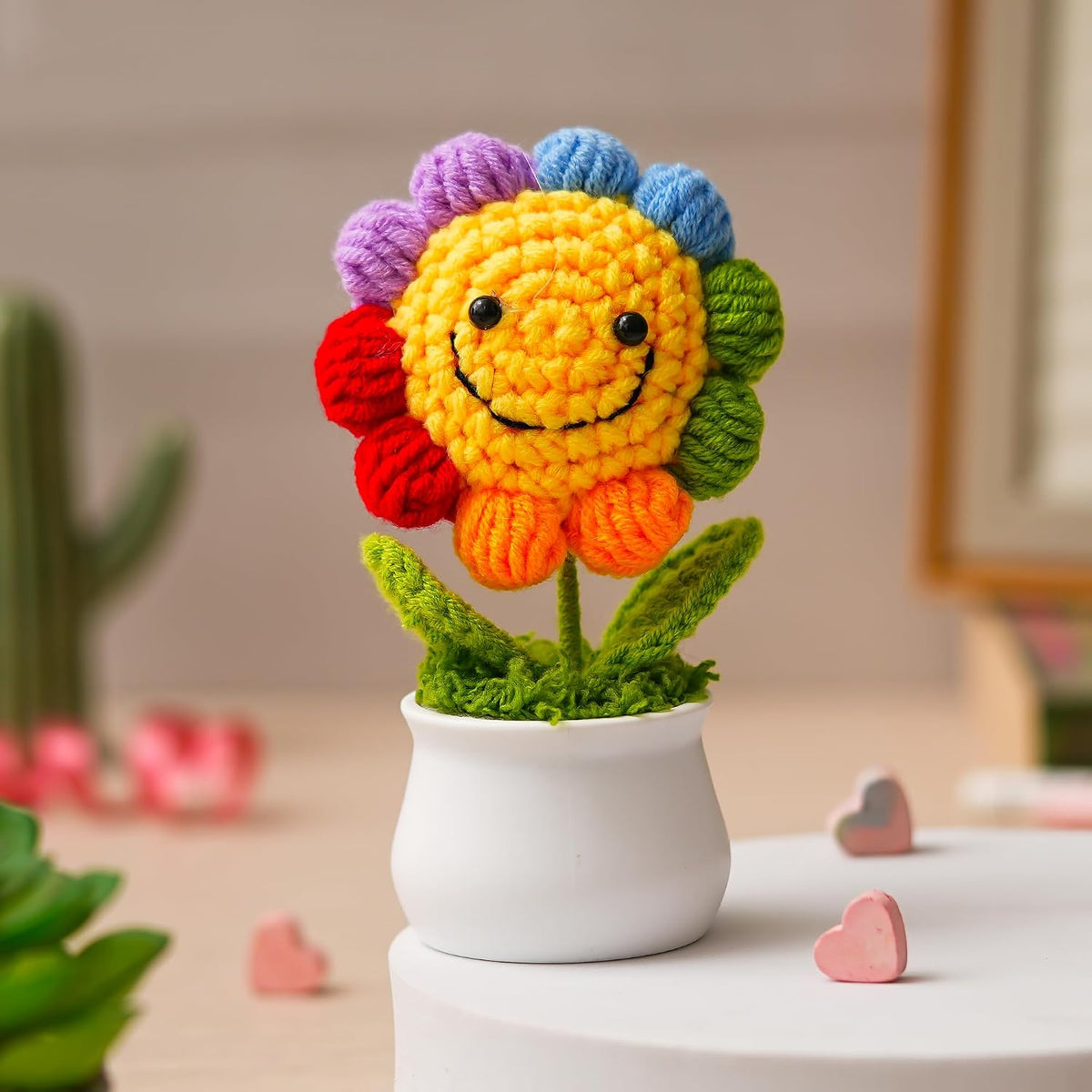Jeevan Handicraft Crochet Smiley Rainbow Flower with Pot 14 cm