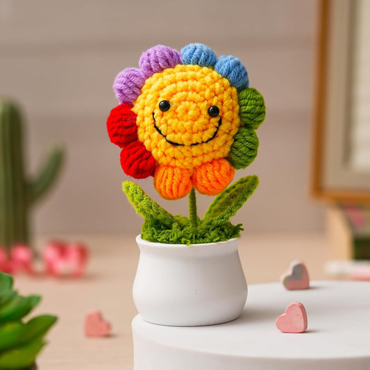 Jeevan Handicraft Crochet Smiley Rainbow Flower with Pot 14 cm