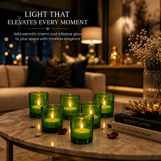 Pure Source India Green Glass Votive Tealight Candle Holders Set of 6