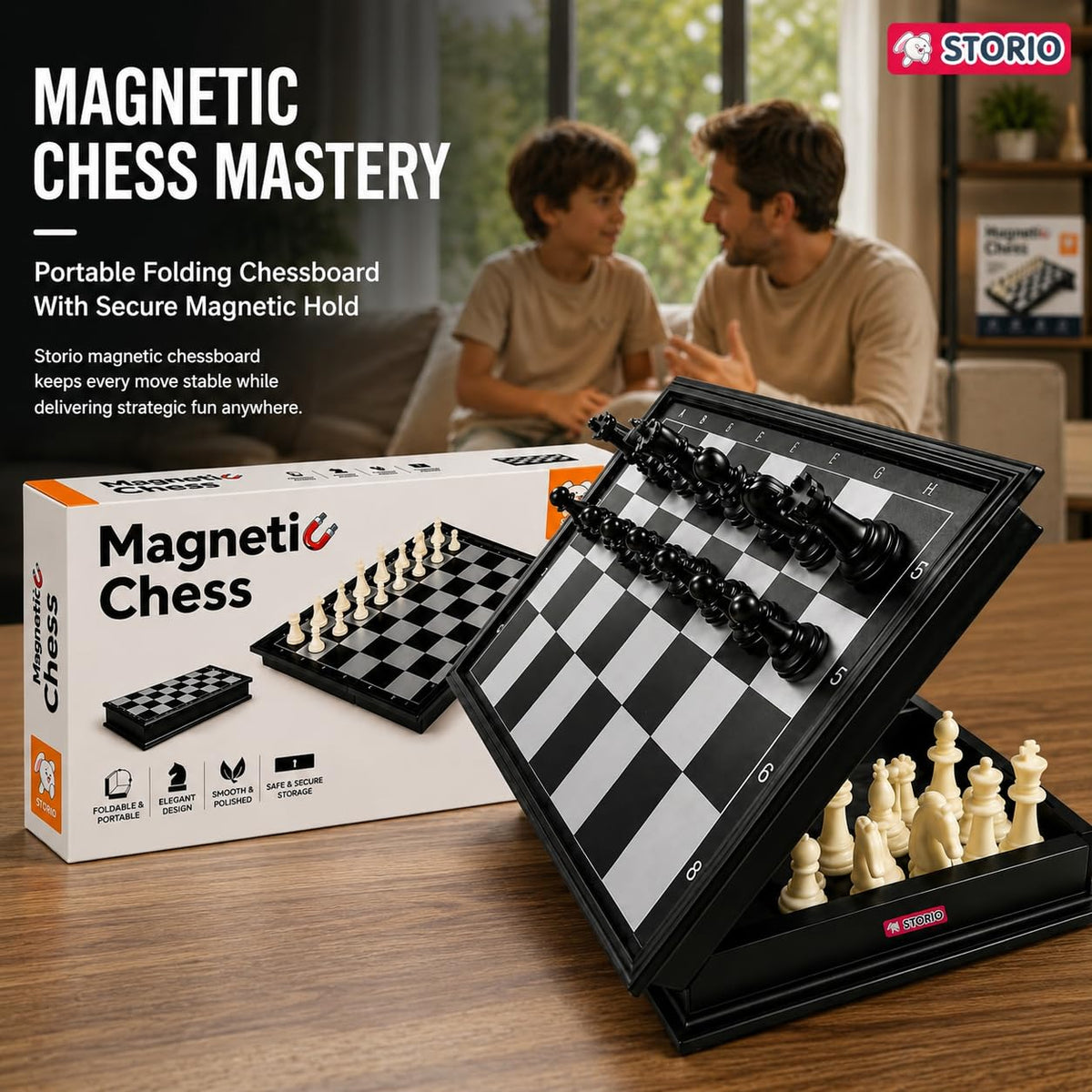 Storio Magnetic Chess Board Set with Folding Travel Storage Case