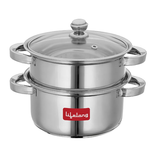 2-Tier Steamer, Momo, Modak Maker, Compitable with Glass Lid & Riveted Handles, 20 cm