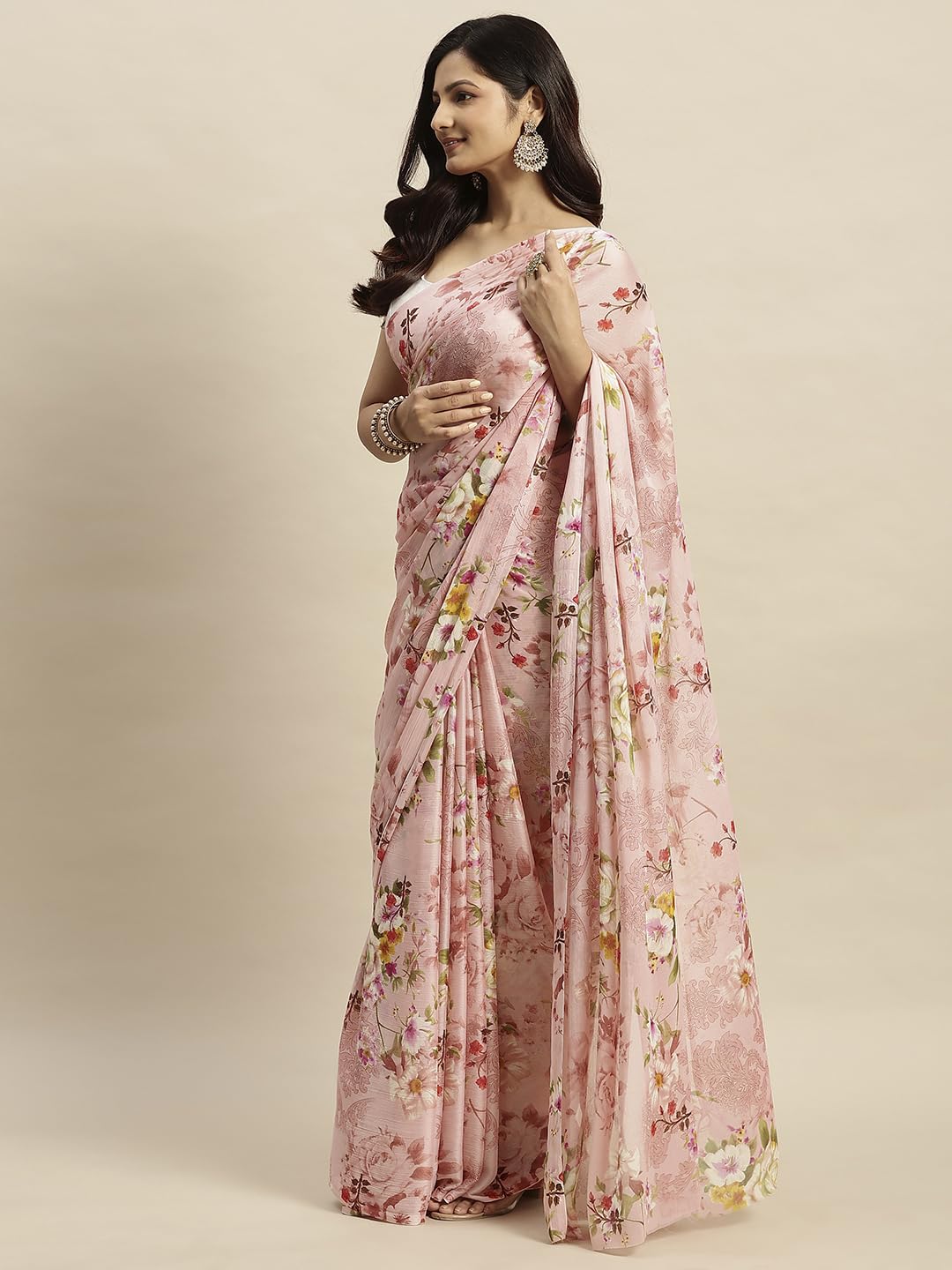 Vasthrlay Printed Saree in Pink with refined chiffon ethnic appeal