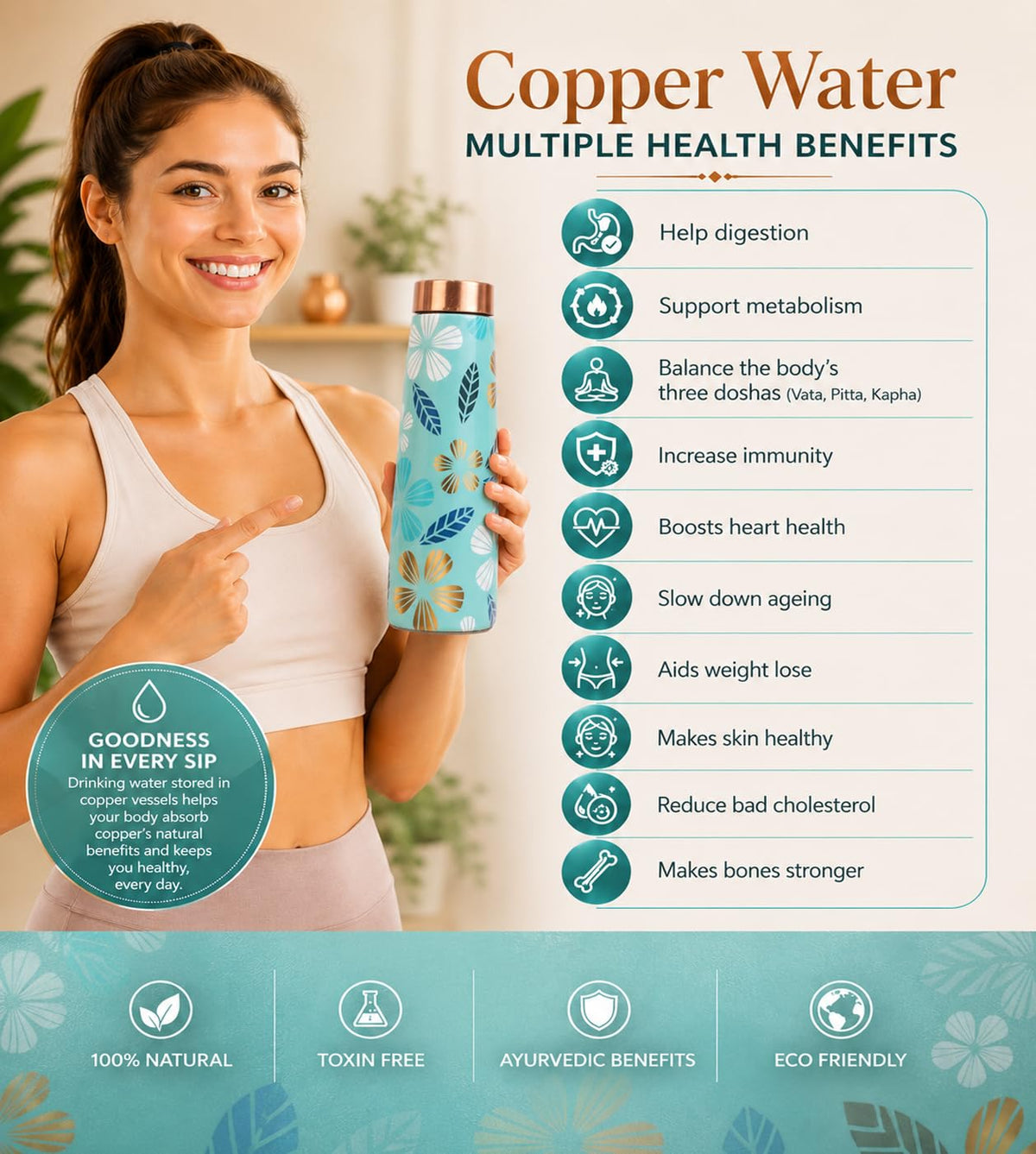 Copper Water Bottle Arctic Blue 1000 ml