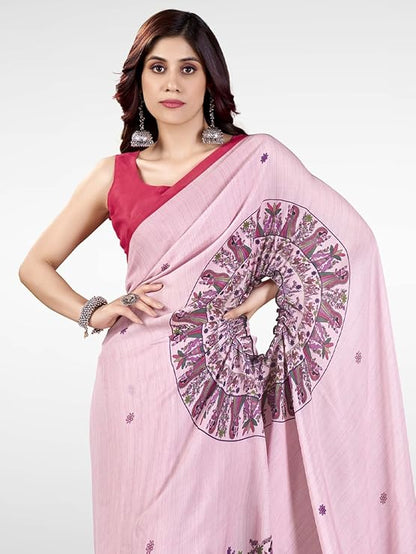 Vasthrlay Printed Kaftan Freehand Pink Women's Satin Saree With Unstitched Blouse Piece 