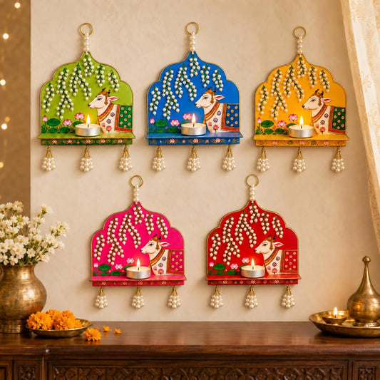 CraftVatika Pichwai Cow Print MDF Wooden Jharokha Diya Wall Hanging Set of 5